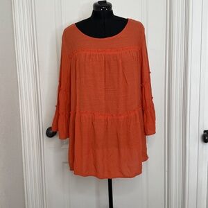Cocomo Woman 3X Orange Boho Flowy Bell Sleeve Tiered Top Tunic